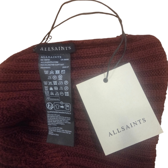 AllSaints Travelling Rib Cuff Beanie – Tawny Port Red - Picture 3 of 7